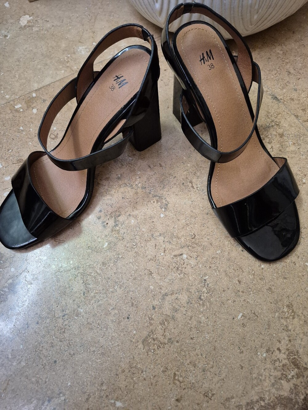 H&M Black Patent Strappy Block Heel Sandals